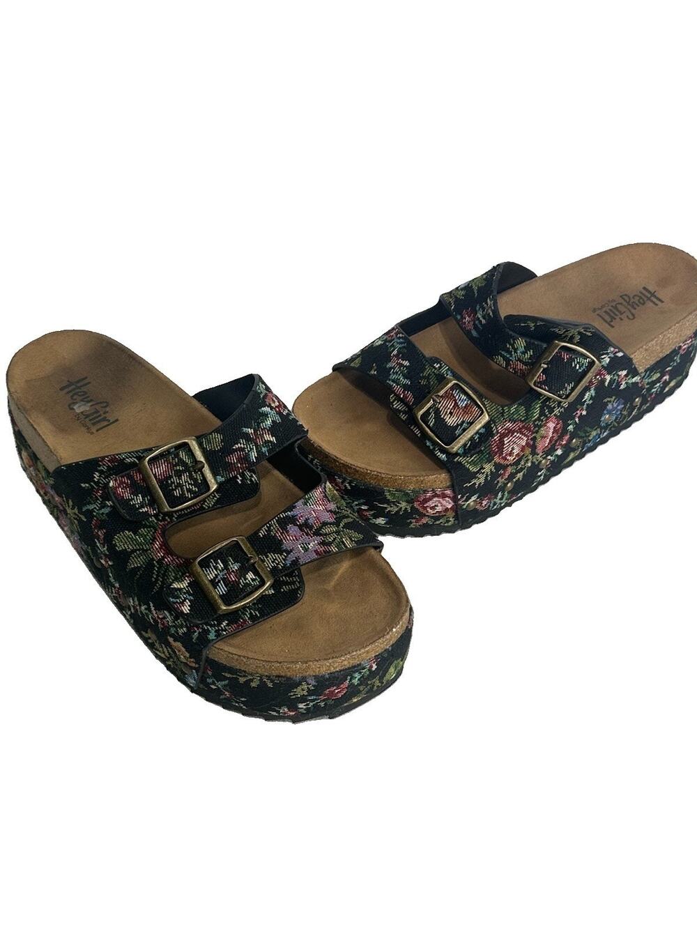 Corkys Hey Girl Platform Wannabe Sandals Black Floral Brocade Womens Size 10